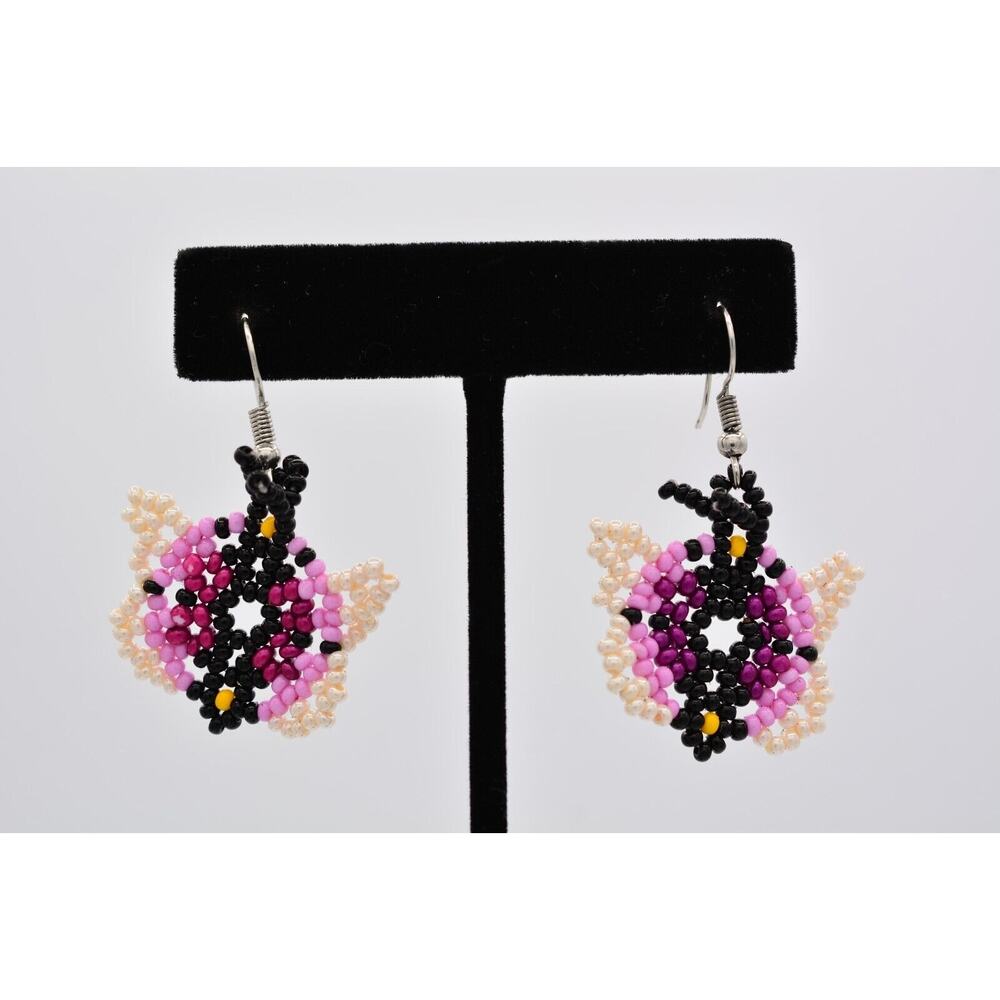 Vintage Beaded Butterfly Earrings Dangle Pink Black White Handcrafted BinAK